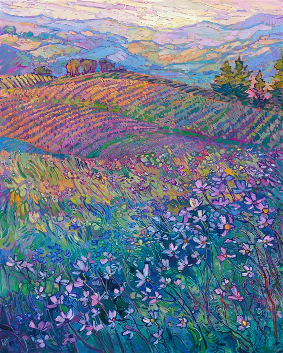 This oil painting of Dundee Hills captures the beauty of Oregon wine country in October. The Willamette Valley has beautiful vineyards that wrap around the hillsides for miles. I love wine country best in October, when the vineyards turn hues of golden yellow, and the grass grows bright apple green in between the rows of grapes. 