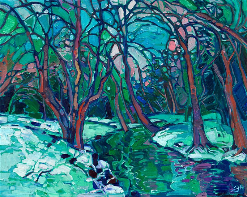 This petite work captures the colors of winter on a 16x20 linen board. The painting is alive with texture and movement, while the colors seem to glow like a picture in stained glass. A local creek called Baker Creek in McMinnville inspired this painting.
