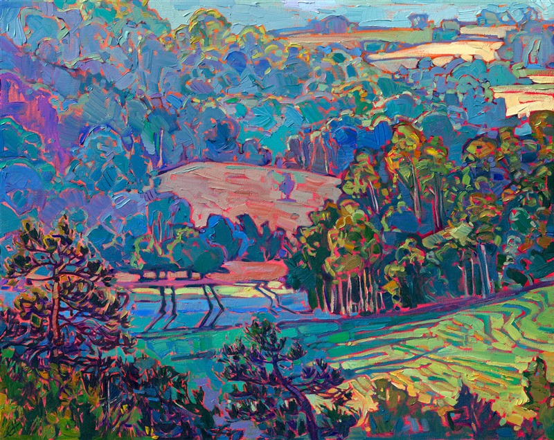 Etretat is one of the sites along the Normandy coast in France that Claude Monet famously painted. I visited Etretat to gather inspiration myself, but I was drawn not to the coastal cliffs, but inland, to the layers of rolling hills covered in oak trees and farmland. This painting captures a misty morning bathed in golden hour light.