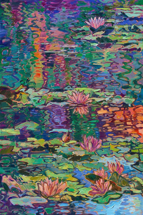 Monet's water lily garden inspired this contemporary impressionism masterpiece by Erin Hanson. Completed in her signature Open Impressionism style, Hanson's first 5-paneled painting (a "pentaptych") captures the beautiful blues and greens of France. Thick brushstrokes of oil paint create a sense of movement throughout the painting, capturing the emotional feeling of standing by the side of Monet's pond and gazing out into the reflections.</p><p>"Expanse of Lilies" will be on display at The Erin Hanson Gallery for The Colossal Collection on August 9th, 2025. You are welcome to join us for the Artist's reception! 