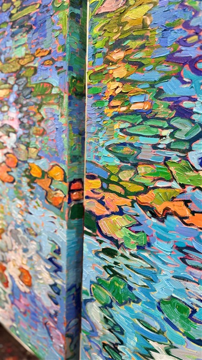Monet's water lily garden inspired this contemporary impressionism masterpiece by Erin Hanson. Completed in her signature Open Impressionism style, Hanson's first 5-paneled painting (a "pentaptych") captures the beautiful blues and greens of France. Thick brushstrokes of oil paint create a sense of movement throughout the painting, capturing the emotional feeling of standing by the side of Monet's pond and gazing out into the reflections.</p><p>"Expanse of Lilies" will be on display at The Erin Hanson Gallery for The Colossal Collection on August 9th, 2025. You are welcome to join us for the Artist's reception! 