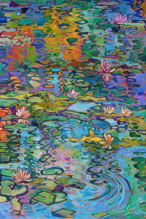 Monet's water lily garden inspired this contemporary impressionism masterpiece by Erin Hanson. Completed in her signature Open Impressionism style, Hanson's first 5-paneled painting (a "pentaptych") captures the beautiful blues and greens of France. Thick brushstrokes of oil paint create a sense of movement throughout the painting, capturing the emotional feeling of standing by the side of Monet's pond and gazing out into the reflections.</p><p>"Expanse of Lilies" will be on display at The Erin Hanson Gallery for The Colossal Collection on August 9th, 2025. You are welcome to join us for the Artist's reception! 