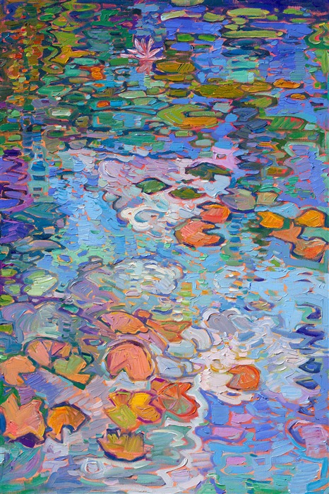 Monet's water lily garden inspired this contemporary impressionism masterpiece by Erin Hanson. Completed in her signature Open Impressionism style, Hanson's first 5-paneled painting (a "pentaptych") captures the beautiful blues and greens of France. Thick brushstrokes of oil paint create a sense of movement throughout the painting, capturing the emotional feeling of standing by the side of Monet's pond and gazing out into the reflections.</p><p>"Expanse of Lilies" will be on display at The Erin Hanson Gallery for The Colossal Collection on August 9th, 2025. You are welcome to join us for the Artist's reception! 