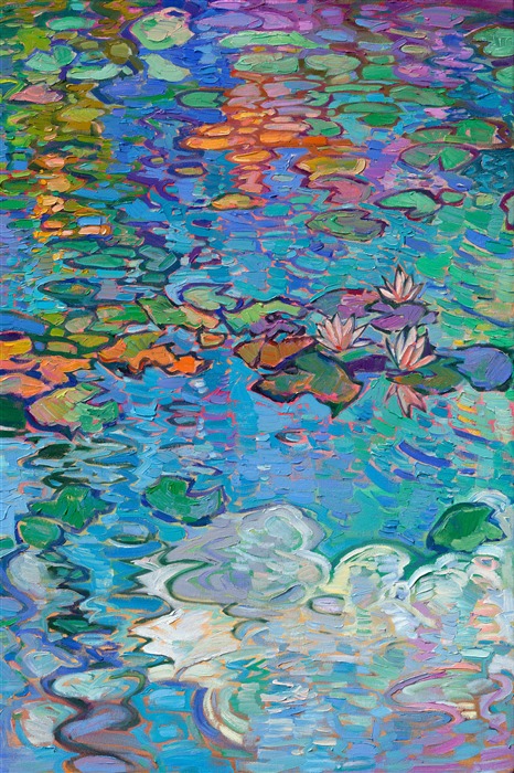 Monet's water lily garden inspired this contemporary impressionism masterpiece by Erin Hanson. Completed in her signature Open Impressionism style, Hanson's first 5-paneled painting (a "pentaptych") captures the beautiful blues and greens of France. Thick brushstrokes of oil paint create a sense of movement throughout the painting, capturing the emotional feeling of standing by the side of Monet's pond and gazing out into the reflections.</p><p>"Expanse of Lilies" will be on display at The Erin Hanson Gallery for The Colossal Collection on August 9th, 2025. You are welcome to join us for the Artist's reception! 