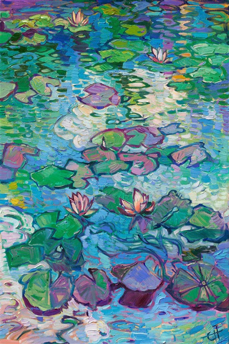 Monet's water lily garden inspired this contemporary impressionism masterpiece by Erin Hanson. Completed in her signature Open Impressionism style, Hanson's first 5-paneled painting (a "pentaptych") captures the beautiful blues and greens of France. Thick brushstrokes of oil paint create a sense of movement throughout the painting, capturing the emotional feeling of standing by the side of Monet's pond and gazing out into the reflections.</p><p>"Expanse of Lilies" will be on display at The Erin Hanson Gallery for The Colossal Collection on August 9th, 2025. You are welcome to join us for the Artist's reception! 