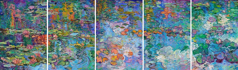 Monet's water lily garden inspired this contemporary impressionism masterpiece by Erin Hanson. Completed in her signature Open Impressionism style, Hanson's first 5-paneled painting (a "pentaptych") captures the beautiful blues and greens of France. Thick brushstrokes of oil paint create a sense of movement throughout the painting, capturing the emotional feeling of standing by the side of Monet's pond and gazing out into the reflections.

"Expanse of Lilies" will be on display at The Erin Hanson Gallery for The Colossal Collection on August 9th, 2025. You are welcome to join us for the Artist's reception! 