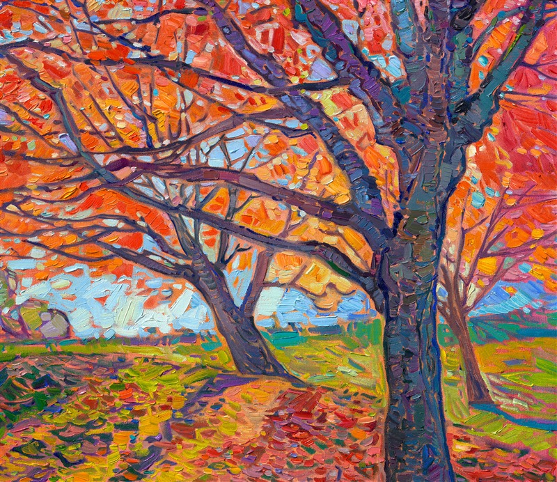 Celebrate the colors of fall with this painting of Oregon maple trees in hues of fiery orange and red, by local impressionist oil painter Erin Hanson. Visit The Erin Hanson Gallery in McMinnville, Oregon, to find more artwork of Oregon's Willamette Valley wine country.