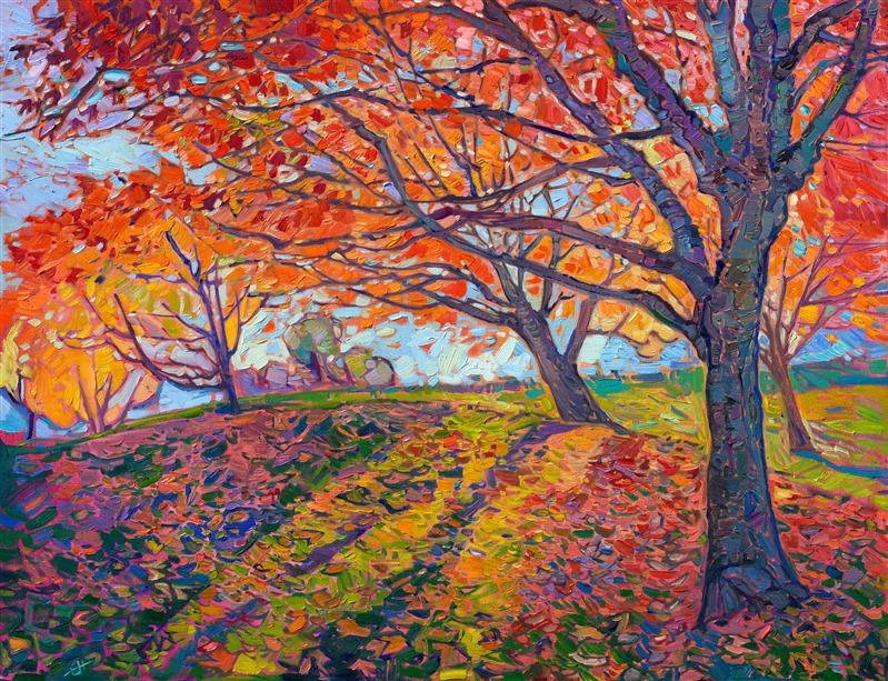 Celebrate the colors of fall with this painting of Oregon maple trees in hues of fiery orange and red, by local impressionist oil painter Erin Hanson. Visit The Erin Hanson Gallery in McMinnville, Oregon, to find more artwork of Oregon's Willamette Valley wine country.