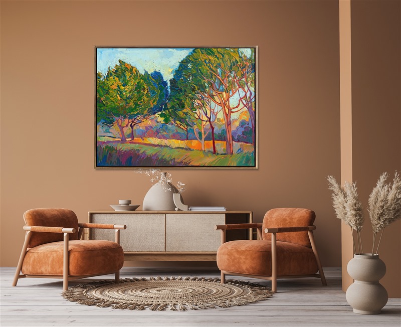 This abstract impressionist painting was inspired by the stately ficus trees growing in Pasadena, California. Their wide, outstretched branches interlace into a mosaic of color and light, as captured in lively impressionist oils by Erin Hanson.