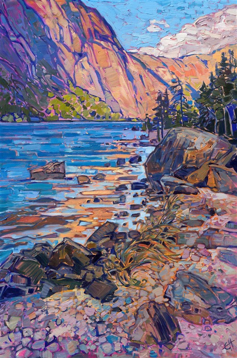 Soft hues of caramel and buttermilk are reflected in the calm waters of a Norwegian fjord. I first saw the potential for this painting driving along a road that bordered this fjord. I pulled the car over and scrambled down the bank, pushing my way through pine trees and undergrowth. When I got to the water's edge, I saw this perfect composition of curving waters and reflected cliffsides. I captured this scene of and the warm light of golden hour with impasto, painterly brush strokes.</p><p>This painting is included in Erin's gallery exhibition, <a href="https://www.erinhanson.com/Event/norwayshow"><i>The Norway Show</i></a>. You may purchase this painting now, and it will be shipped after the show on May 9th, 2026. 