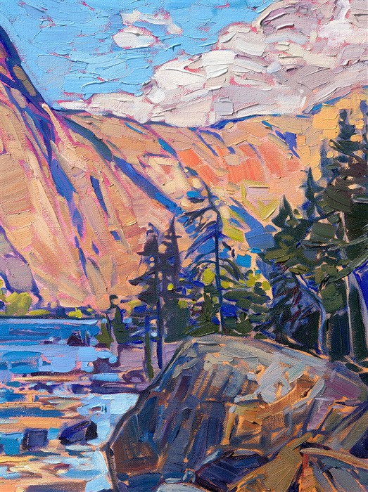 Soft hues of caramel and buttermilk are reflected in the calm waters of a Norwegian fjord. I first saw the potential for this painting driving along a road that bordered this fjord. I pulled the car over and scrambled down the bank, pushing my way through pine trees and undergrowth. When I got to the water's edge, I saw this perfect composition of curving waters and reflected cliffsides. I captured this scene of and the warm light of golden hour with impasto, painterly brush strokes.</p><p>This painting is included in Erin's gallery exhibition, <a href="https://www.erinhanson.com/Event/norwayshow"><i>The Norway Show</i></a>. You may purchase this painting now, and it will be shipped after the show on May 9th, 2026. 