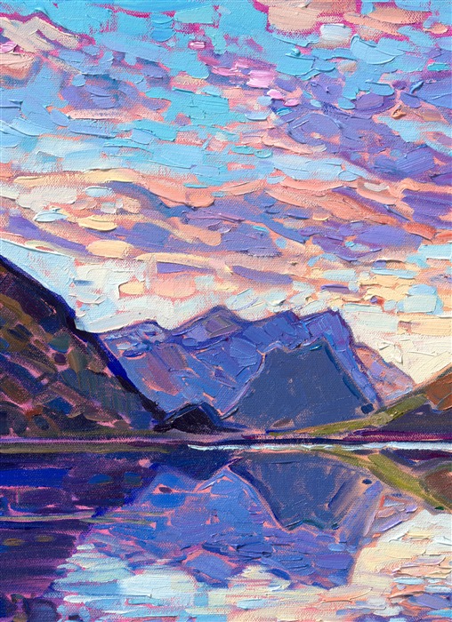 This painting captures a scene in Norway inspired by pre-dawn illuminated clouds reflected in the still, cold waters. The crisp, clear air made the colors bright and pure in the early morning light. Thick brush strokes of oil paint laid side by side without layering create a mosaic of color and texture across the canvas.