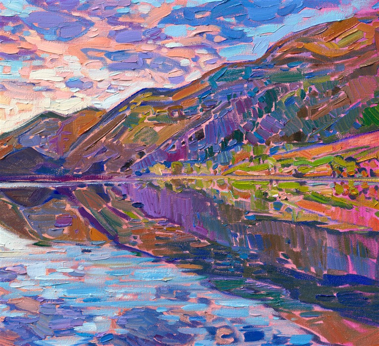 This painting captures a scene in Norway inspired by pre-dawn illuminated clouds reflected in the still, cold waters. The crisp, clear air made the colors bright and pure in the early morning light. Thick brush strokes of oil paint laid side by side without layering create a mosaic of color and texture across the canvas.