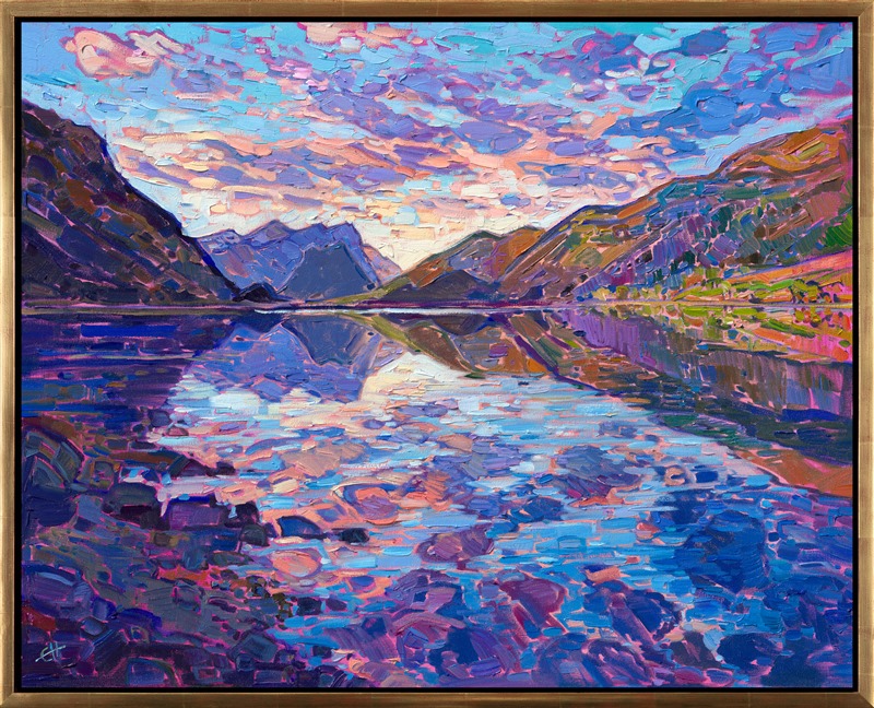 This painting captures a scene in Norway inspired by pre-dawn illuminated clouds reflected in the still, cold waters. The crisp, clear air made the colors bright and pure in the early morning light. Thick brush strokes of oil paint laid side by side without layering create a mosaic of color and texture across the canvas.