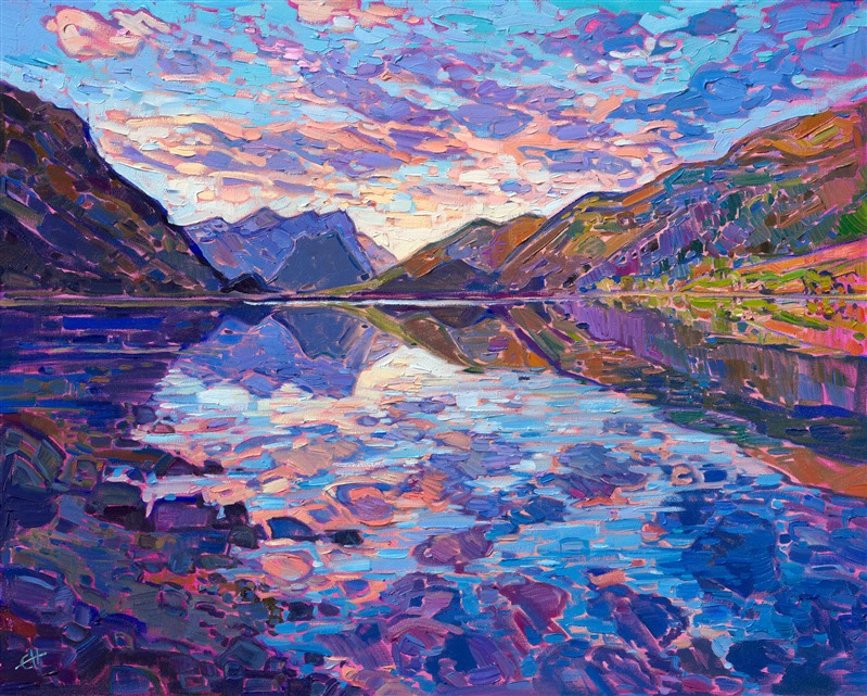 This painting captures a scene in Norway inspired by pre-dawn illuminated clouds reflected in the still, cold waters. The crisp, clear air made the colors bright and pure in the early morning light. Thick brush strokes of oil paint laid side by side without layering create a mosaic of color and texture across the canvas.