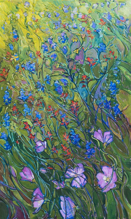 Inspired by years of photographing wildflower blooms in Texas hill country, this painting captures the amazing variety of color you can find in springtime.  From brown-eyed Susans and Indian paintbrushes to bluebonnets and evening primroses, this painting captures the full medley of spring color with expressive, impressionistic brush strokes.</p><p>This is a triptych painting, meaning it was created on three separate canvases, each 1-1/2" deep.  The painting is continued around the edges of the canvas, for a 3-dimensional effect.  The painting is designed to hang on the wall without framing.<br/>