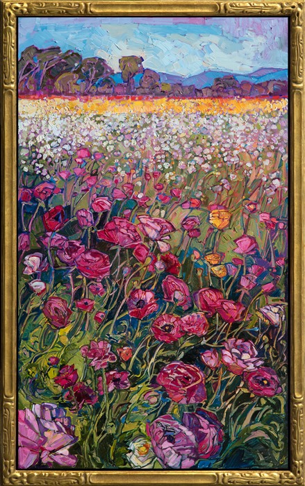 Rainbow hues of cultivated flowers grow in colorful bands in northern San Diego. Lush brush strokes and vivid texture bring to life the famous Carlsbad Flower Fields. This painting was created on gallery-depth canvas, and it arrives framed in a 23kt gold floater frame.
