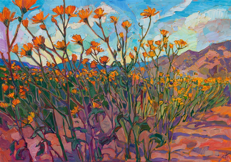During the super bloom earlier this year, orange and yellow wildflowers spread across the desert floor in Borrego Springs as far as you could see. The rich cadmium blooms stood out bright and colorful against the desert blue sky.  The brush strokes in this painting are loose and impressionistic, capturing the light and movement of the outdoors.

This painting was created on 1-1/2" deep canvas, with the painting continued around the edges.  The painting arrives framed in a carved floater frame designed for the painting.

This painting will be displayed at <a href="https://www.erinhanson.com/event/californiasuperbloomartexhibition">The Super Bloom Show</a>, September 9th, at The Erin Hanson Gallery in San Diego.  If you purchase this painting before the show, your piece will be shipped to you after September 9th.
