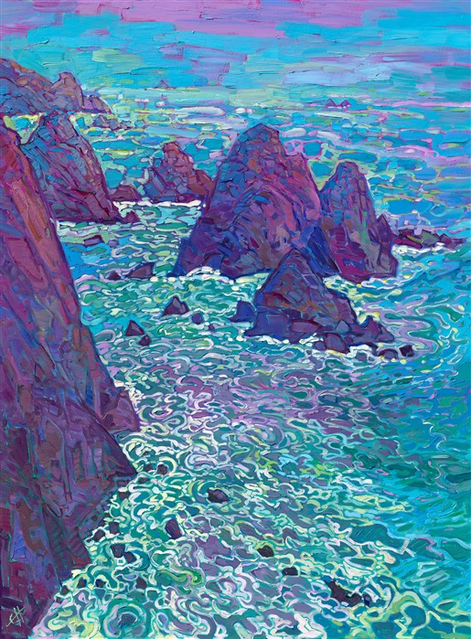 Foaming waters collide in patterns of aquamarine and sea green in this impressionistic painting of Mendocino, California. The stately boulders gather along the cliff's edge, turning colors of rich purple and blue in the dusky light.

"Foaming Sea" was created on 1-1/2" canvas, with the painting continued around the edges. The piece arrives framed in a hand carved, champagne gold floater frame. 