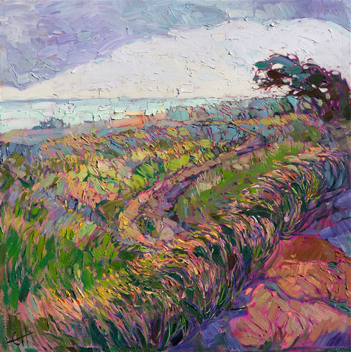 A layer of fog moves over this coastal landscape, letting the early morning light cast its warm hues across the springtime grasses.  This painting was inspired by the coastline near Cambria, in central California.</p><p>This painting was created on museum-depth canvas, with the painting continued around the edges of the stretched canvas. It arrives ready to hang without a frame. (Please contact the artist if you would like information on framing options.)