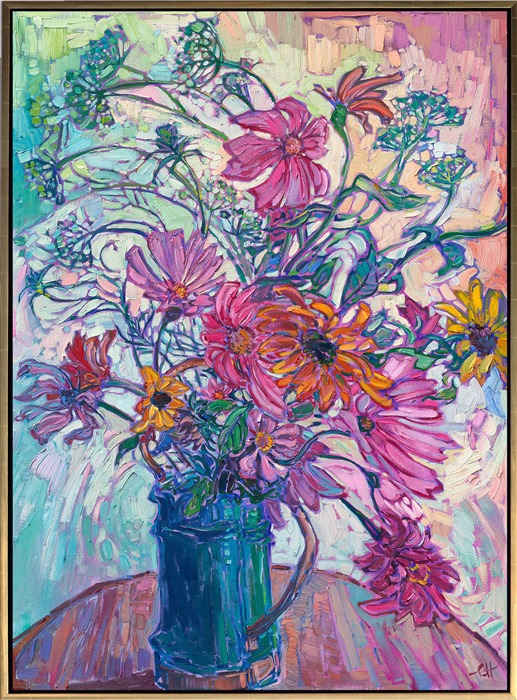 A tin can full of garden blooms brightens the room with the colors of summer. Zinnias, cosmos, sunflowers, and parsley flowers dance in a rhythm of color, captured with the textured brush strokes of Hanson's iconic Open Impressionism.</p><p>"Garden Blooms II" is an original oil painting created on stretched canvas. The piece arrives framed in a custom-made wooden floater frame finished in burnshed 23kt gold and dark pebbled sides.