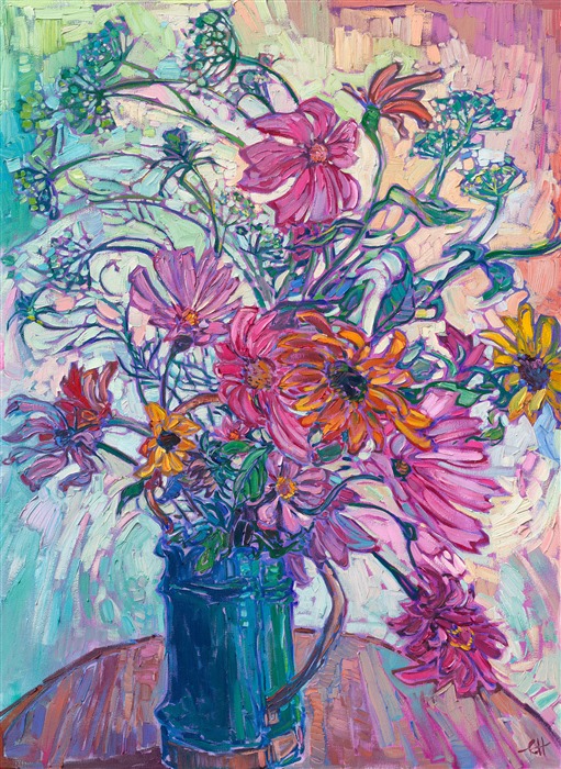 A tin can full of garden blooms brightens the room with the colors of summer. Zinnias, cosmos, sunflowers, and parsley flowers dance in a rhythm of color, captured with the textured brush strokes of Hanson's iconic Open Impressionism.

"Garden Blooms II" is an original oil painting created on stretched canvas. The piece arrives framed in a custom-made wooden floater frame finished in burnshed 23kt gold and dark pebbled sides.