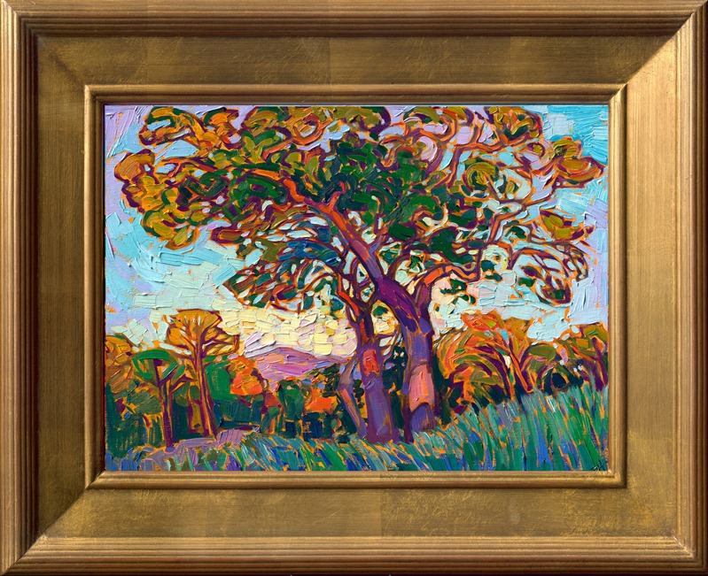 A gnarled oak stands among the tall grasses, its twisted branches catching the warm red rays of sunset. The impressionistic brush strokes are loose and expressive, adding texture and movement to the piece.</p><p>"Gnarled Oak" was created on 1/8" linen board, and it arrives in a plein air frame, ready to hang.