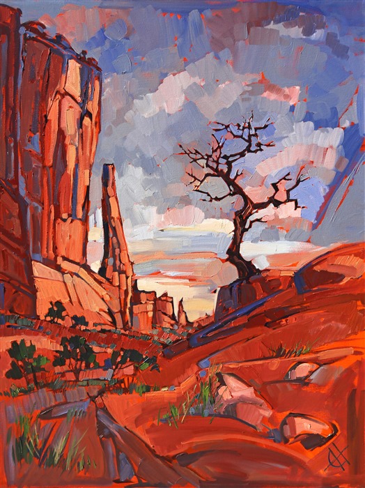 About the Painting:
An early painting of Arches National Park, here you can see how Hanson was experimenting to figure out how to make the colors in her paint as saturated and bright as the landscapes she saw in person.

This classic painting is being sold on consignment.

Exhibited: St George Art Museum, Utah, in a solo exhibition celebrating the National Park's centennial: <i>Erin Hanson's Painted Parks</i>, 2016.

<i><a href="https://www.erinhanson.com/Event/ContemporaryImpressionismatGoddardCenter" target="_blank">Open Impressionism: The Works of Erin Hanson</i></a>, a 10-year retrospective and study of the development of Open Impressionism at The Goddard Center in Ardmore, OK. 

Exhibited: <i>Erin Hanson: Landscapes of the West</i> at Sears Art Museum in St. George, Utah, in 2024.