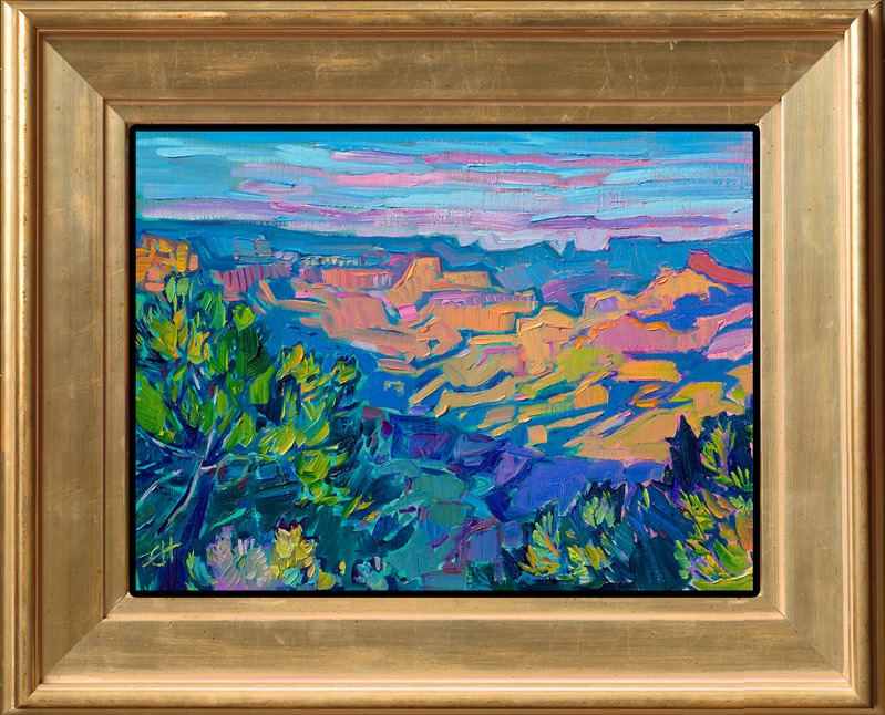 This petite painting of the Grand Canyon captures the majesty of the canyon at dawn. Rich hues of gold and umber contrast with royal blue and verdant green. Each brush stroke is placed side-by-side without overlapping, in Erin's iconic Open Impressionism style.