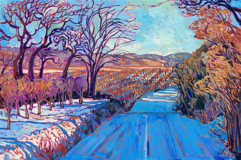 I used to drive by this hazelnut farm every day on my way to my gallery. The light in winter is so special--a limited palette of blues and golds can be used to paint an entire landscape. Thick brush strokes of oil paint are lathered onto the canvas like frosting, creating an almost edible scene that makes you feel the cold, crisp winter air in your lungs.