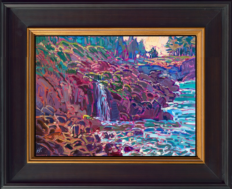 As I was driving down Highway 1, winding along the Pacific Coast, I suddenly saw a hidden cove with an idyllic waterfall tumbling out of the rocky cliffs. I turned my van around, parked by the side of the road, and clambered down underneath the bridge. It was quiet and secret under there, cool and protected, and I found an unhindered view of the hidden falls that inspired this painting.</p><p>"Hidden Falls" is an original oil painting on linen board, done in Erin Hanson's signature Open Impressionism style. The piece arrives framed in a wide, mock floater frame finished in black with gold edging.</p><p>This piece will be displayed in Erin Hanson's annual <i><a href="https://www.erinhanson.com/Event/petiteshow2023">Petite Show</i></a> in McMinnville, Oregon. This painting is available for purchase now, and the piece will ship after the show on November 11, 2023. 