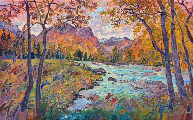 I came across this valley in Norway on my way to Geirangerfjord. The golden hour of dawn filled the valley with rich hues of orange and purple. I ended up missing my ferry because I couldn't drag myself away from the beautiful turquoise waters and lush autumn colors. This painting captures everything I loved about Norway--how every landscape I saw was worthy of becoming a painting.