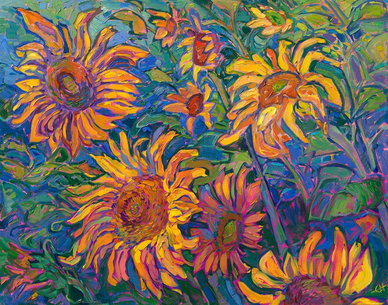 Vibrant hues of sunflowers glow with light in this oil painting of sunflower fields. The thick, impasto brushstrokes add motion and rhythmic texture to the painting. This impressionistic painting captures all the beauty of this colorful flower.

"Hues of Sunflowers" is an original oil painting on stretched canvas. The piece arrives framed in a contemporary gold floater frame, ready to hang.