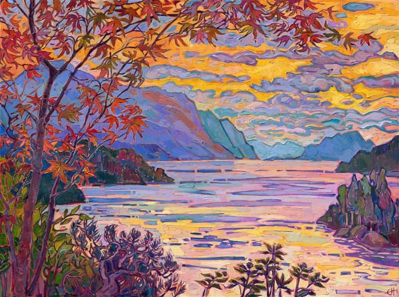 Everywhere I visited in Norway was absolutely stunning. The dramatic fjords turn the landscape into a paradise for painters. This piece captures the view from Ålesund, Norway. The overcast clouds in October parted right at sunset, letting the golden hour rays bathe the landscape in hues of orange. I use thick brush strokes of oil paint to communicate motion and texture in the landscape, in my signature Open Impressionism style.