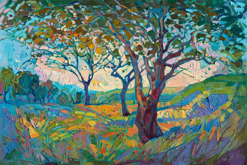 A fleeting impression of color and light is held still for a moment in this oil painting of California wine country.  The brilliant color changes subtly as the light refracts through the overhanging oak trees. 

This painting is framed in a museum-quality, gold floater frame. 