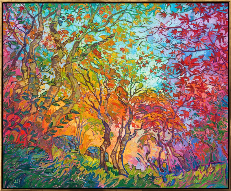 Inspired by the maple trees of Kyoto, Japan, this painting captures all the beauty of autumn with impressionistic color. You can feel the joy of autumn emanating from this painting. Maple trees are magnificent to paint, since their leaves range from pale green and golden yellow to cadmium red and rich purple, sometimes even on the same tree! </p><p>"Impressions of Fall" is a large oil painting created on stretched canvas. The piece arrives framed in a 23kt gold leaf floater frame (the EH frame), ready to hang.