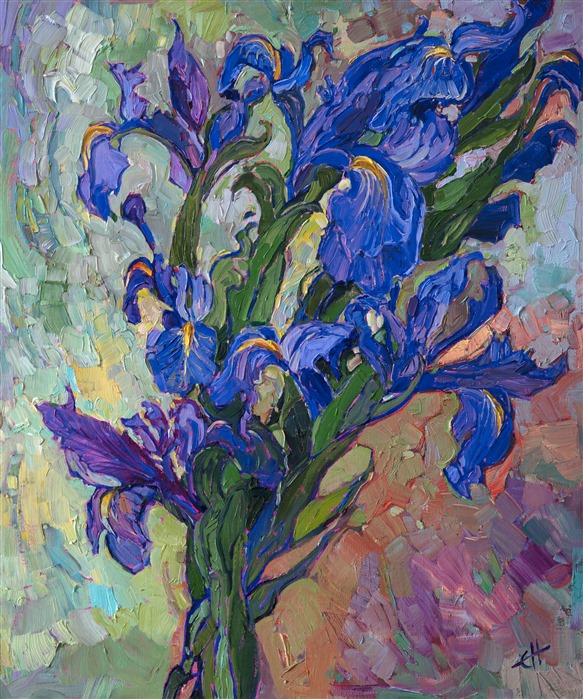 A bouquet of irises laying on the ground inspired me to paint the rich purple and ultramarine blooms resting against the reddish earth. The impasto brush strokes are expressive and highly textured, capturing the contours and rich hues of the flowers.

This painting was done on 1/8" canvas, and it arrives framed and ready to hang.