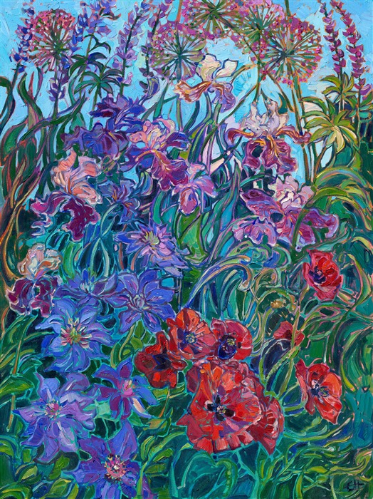 Multicolored irises from Schreiner Iris Garden in Oregon come alive on this canvas, forever captured at peak bloom. Layers of garden flowers add dimension and movement to the piece.