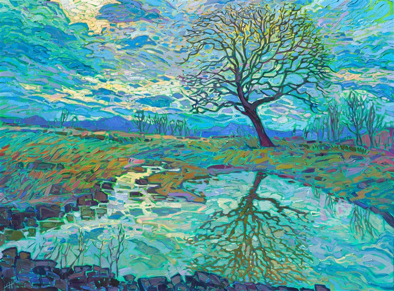The Willamette Valley in Oregon gets flooded occasionally during the rainy season, but on the plus side, all the still bodies of water make for beautiful reflection paintings! This painting captures the beauty of January with lush, impressionistic brush strokes and expressive use of color.

"January Reflections" is an original oil painting created on stretched canvas. The piece arrives framed in a burnished silver floater frame, ready to hang.