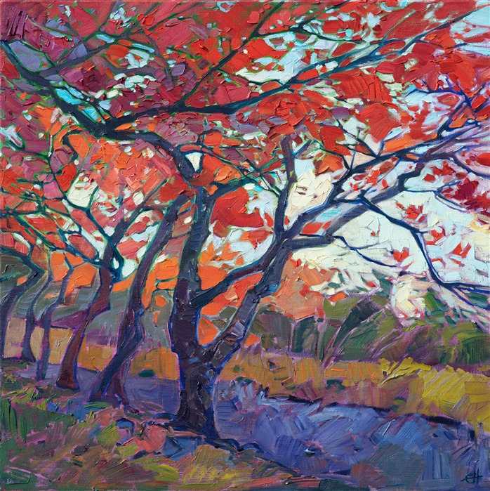 My first visit to Kyoto, Japan, over Thanksgiving, was an eye-opening experience!  I have never seen such vibrant fall colors before. I discovered these bright red maple trees outside Tenryū-ji Temple, in Arashiyama Park. I love the way their unique branches criss-cross and form abstract patterns against the sky.

This painting was done on 1-1/2" canvas, with the painting continued around the edges.  The painting will be framed in a 23kt gold leaf floater frame to complement the colors in the piece.  It arrives wired and ready to hang.
