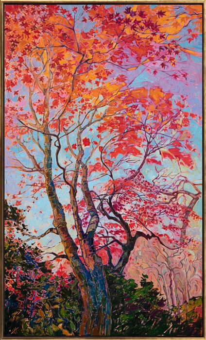 Delicate branches of the Japanese maple tree bend gracefully in the autumn sunlight. The tiny leaves of the maple tree spread across the sky, soaking in the afternoon warmth. The brush strokes are loose and impressionistic, creating a mosaic of color and texture across the canvas.</p><p>"Kyoto Color" was created on 1-1/2" canvas, with the painting continued around the edges. The painting arrives framed in a contemporary gold floater frame.