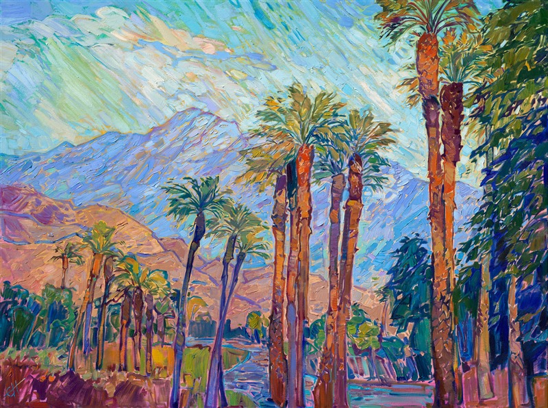 I have been doing shows in La Quinta and Palm Springs for almost twenty years. Every time I return to the desert, I am blown away again by the beautiful colors of the mountains and palm trees--especially during early morning golden hour and sunset. This painting captures a view from Highway 111, where you can see the San Juacinto mountains dusted in snow in the distance, peeking between the lanky palms.