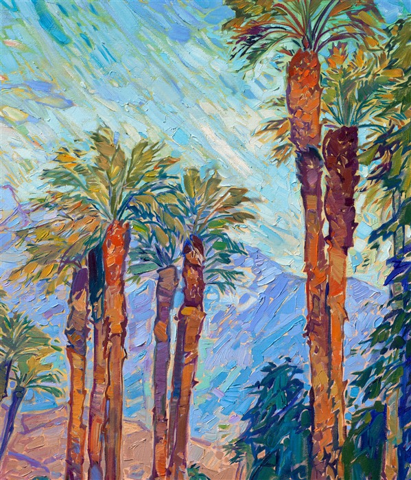 I have been doing shows in La Quinta and Palm Springs for almost twenty years. Every time I return to the desert, I am blown away again by the beautiful colors of the mountains and palm trees--especially during early morning golden hour and sunset. This painting captures a view from Highway 111, where you can see the San Juacinto mountains dusted in snow in the distance, peeking between the lanky palms.