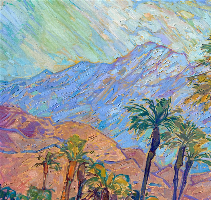 I have been doing shows in La Quinta and Palm Springs for almost twenty years. Every time I return to the desert, I am blown away again by the beautiful colors of the mountains and palm trees--especially during early morning golden hour and sunset. This painting captures a view from Highway 111, where you can see the San Juacinto mountains dusted in snow in the distance, peeking between the lanky palms.