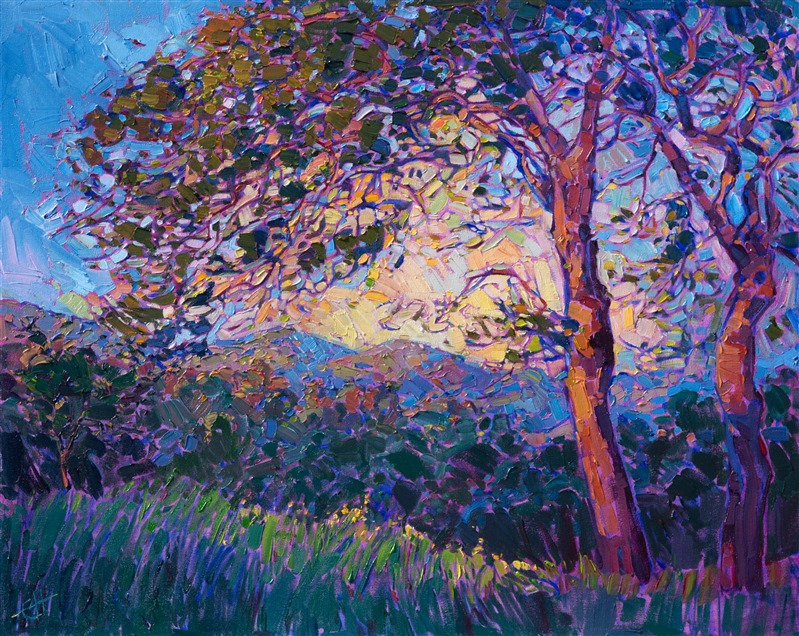 Delicate colored light plays through these oak trees, dancing in and out of the criss-crossing branches.  The changing light appears to have a mosaic effect when seen through the trees.  The oil paint is applied in thick, textural strokes, creating a beautiful painterly scene.

