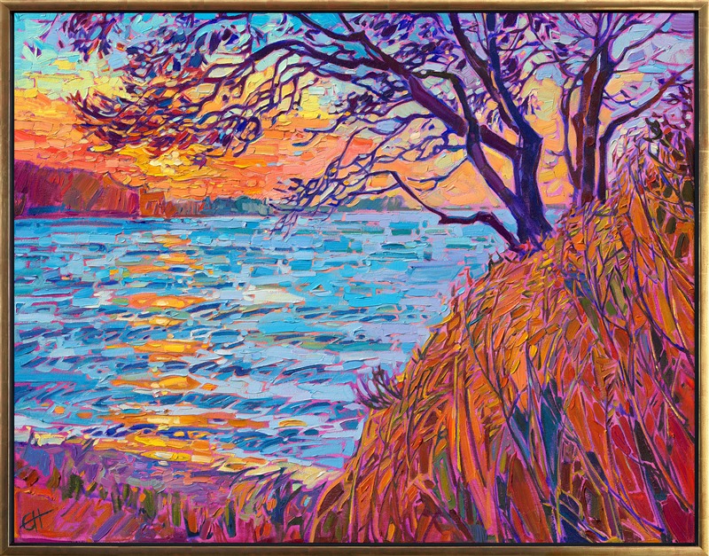 This painting captures the sun setting over Sequim Bay in Washington state. The brilliant rays of the golden hour imbue the landscape with hues of orange and gold. Thick brushstrokes of oil paint fill the canvas with a sense of movement. This is an <a href="https://www.erinhanson.com/open-impressionism">Open Impressionism</a> painting by Erin Hanson.