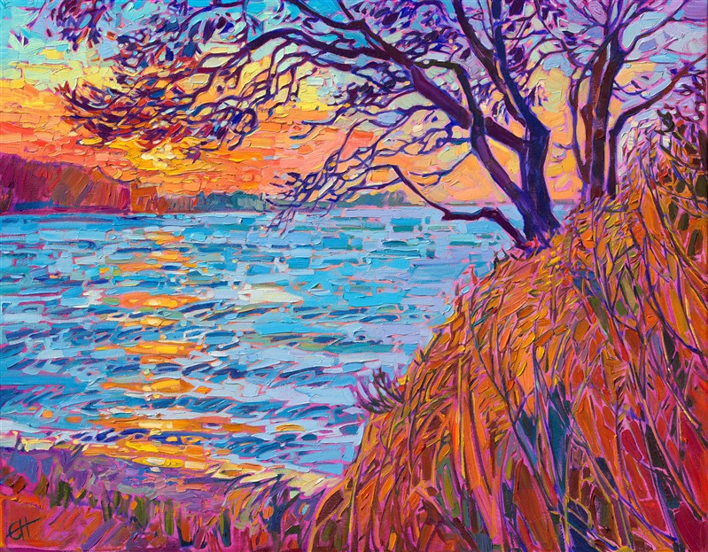 This painting captures the sun setting over Sequim Bay in Washington state. The brilliant rays of the golden hour imbue the landscape with hues of orange and gold. Thick brushstrokes of oil paint fill the canvas with a sense of movement. This is an <a href="https://www.erinhanson.com/open-impressionism">Open Impressionism</a> painting by Erin Hanson.