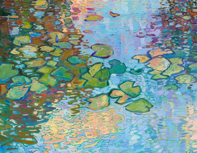 Claude Monet's water lily garden is synonymous with "impressionism" for many art lovers. Monet's water lily pond continues to inspire large-scale impressionist paintings to the present day. This painting, "Lilies Dreaming," was created by Open Impressionist Erin Hanson, who is carrying forward the tradition of the impressionists with a modern-day twist. In her paintings, she does not overlap her brushstrokes of oil paint; instead, she places her strokes side by side, getting each stroke "right the first time" and allowing the natural texture and movement of the oil paint to express itself in her works.</p><p>"Lilies Dreaming" will be on display at The Erin Hanson Gallery for The Colossal Collection on August 9th, 2025. You are welcome to join us for the Artist's reception! 
