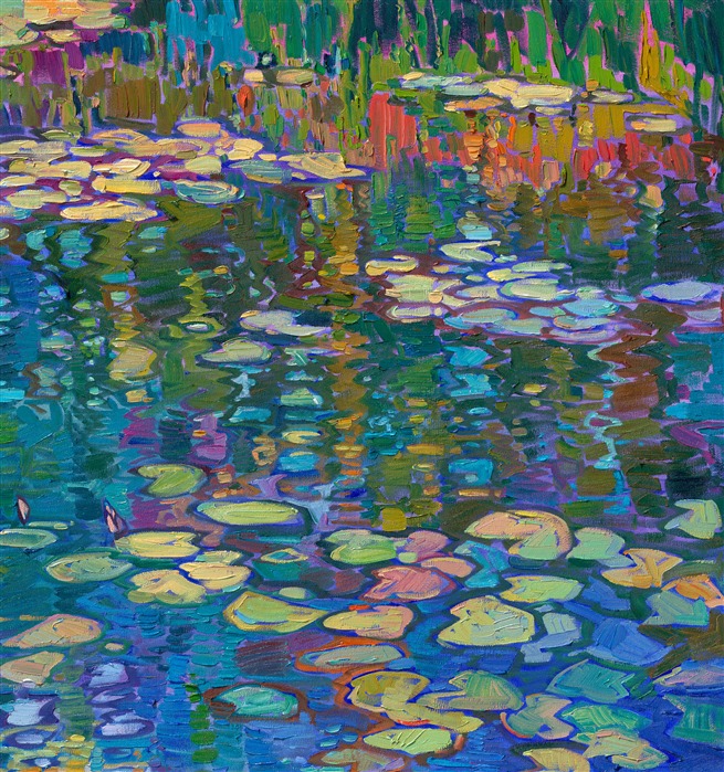 Claude Monet's water lily garden is synonymous with "impressionism" for many art lovers. Monet's water lily pond continues to inspire large-scale impressionist paintings to the present day. This painting, "Lilies Dreaming," was created by Open Impressionist Erin Hanson, who is carrying forward the tradition of the impressionists with a modern-day twist. In her paintings, she does not overlap her brushstrokes of oil paint; instead, she places her strokes side by side, getting each stroke "right the first time" and allowing the natural texture and movement of the oil paint to express itself in her works.</p><p>"Lilies Dreaming" will be on display at The Erin Hanson Gallery for The Colossal Collection on August 9th, 2025. You are welcome to join us for the Artist's reception! 