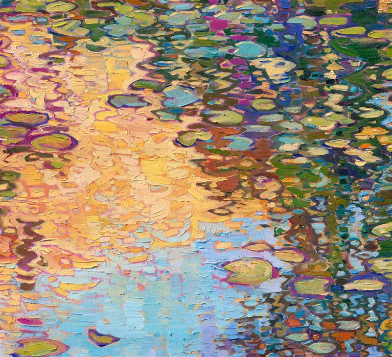 Claude Monet's water lily garden is synonymous with "impressionism" for many art lovers. Monet's water lily pond continues to inspire large-scale impressionist paintings to the present day. This painting, "Lilies Dreaming," was created by Open Impressionist Erin Hanson, who is carrying forward the tradition of the impressionists with a modern-day twist. In her paintings, she does not overlap her brushstrokes of oil paint; instead, she places her strokes side by side, getting each stroke "right the first time" and allowing the natural texture and movement of the oil paint to express itself in her works.</p><p>"Lilies Dreaming" will be on display at The Erin Hanson Gallery for The Colossal Collection on August 9th, 2025. You are welcome to join us for the Artist's reception! 